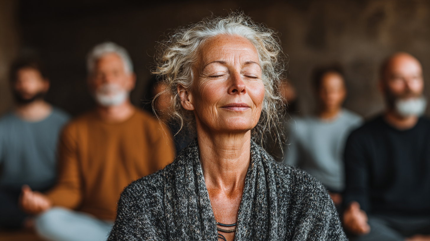 Група людей зрілого віку займається йогою в затишному залі